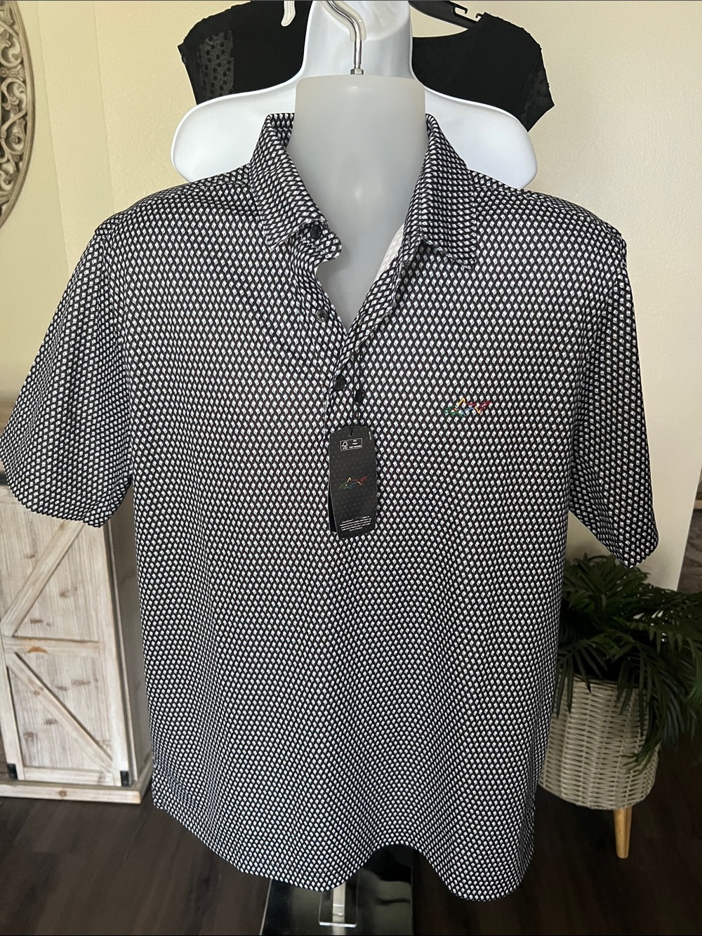 Greg Norman Collection Black & White Geometric Polo